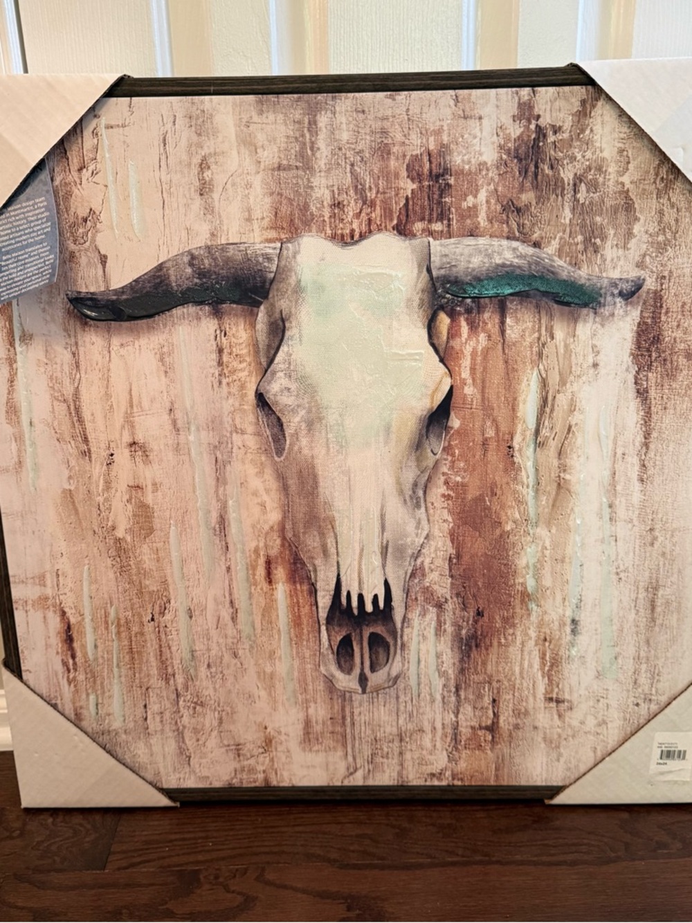 Rustic Longhorn Cow Canvas Wall Art - 24x24”Western Farmhouse Decor -framed